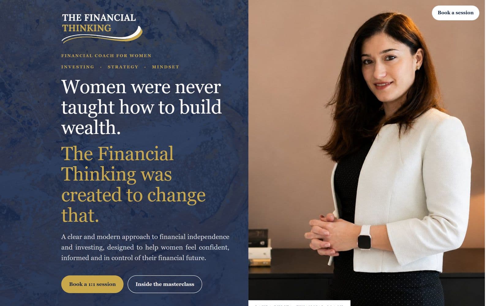 The Financial Thinking website on a laptop: a deep blue page with a portrait of the founder.