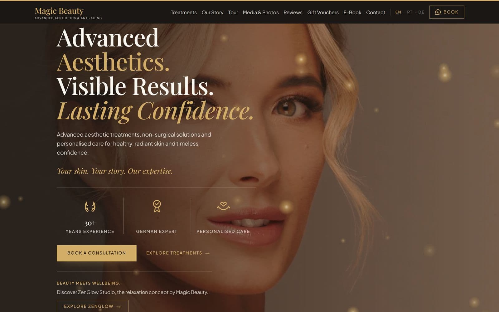 The Magic Beauty website on a laptop: gold type over a portrait, headed Advanced Aesthetics.