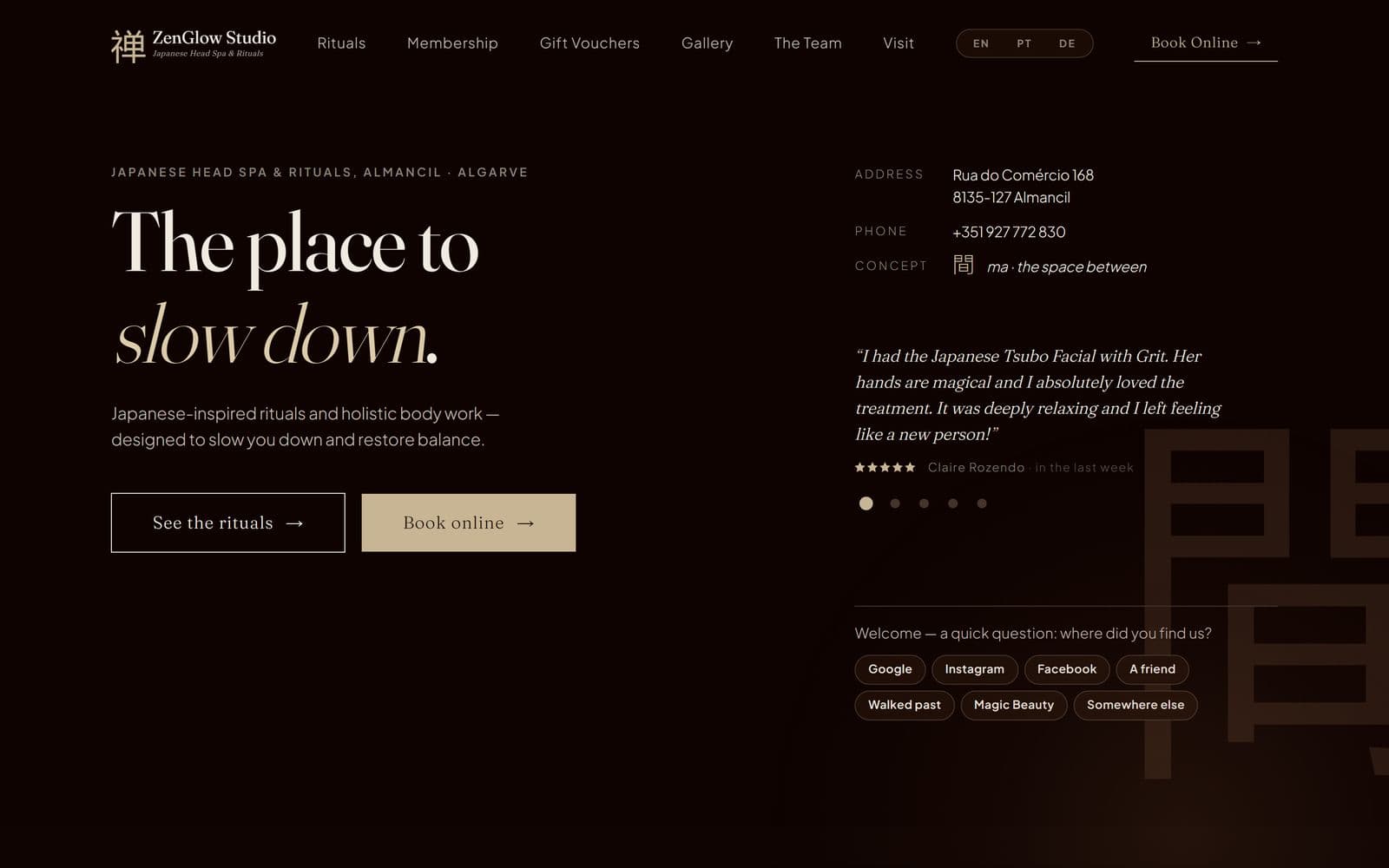 The ZenGlow Studio website on a laptop: a dark, calm page headed The place to slow down.