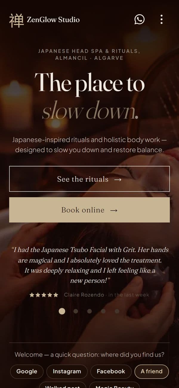 The ZenGlow Studio website on a phone.